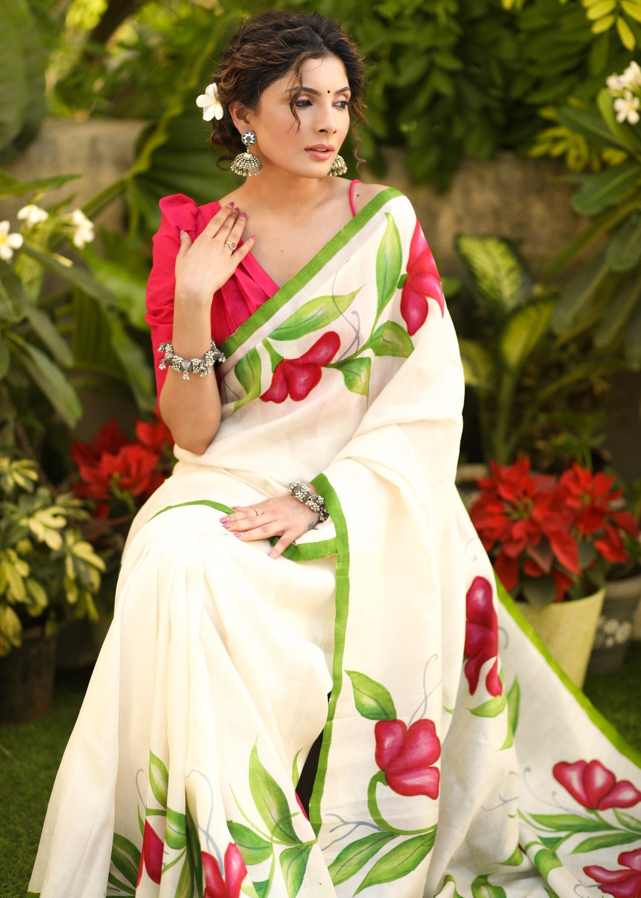 Serene Cream Hand Painted Pure Silk Saree with Exclusive Floral Motifs