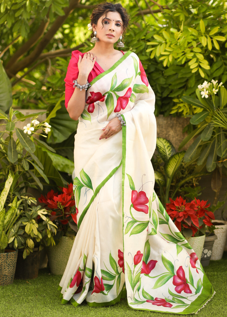 Serene Cream Hand Painted Pure Silk Saree with Exclusive Floral Motifs