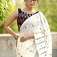 Stylish White Bengal Cotton Saree with Black Motif