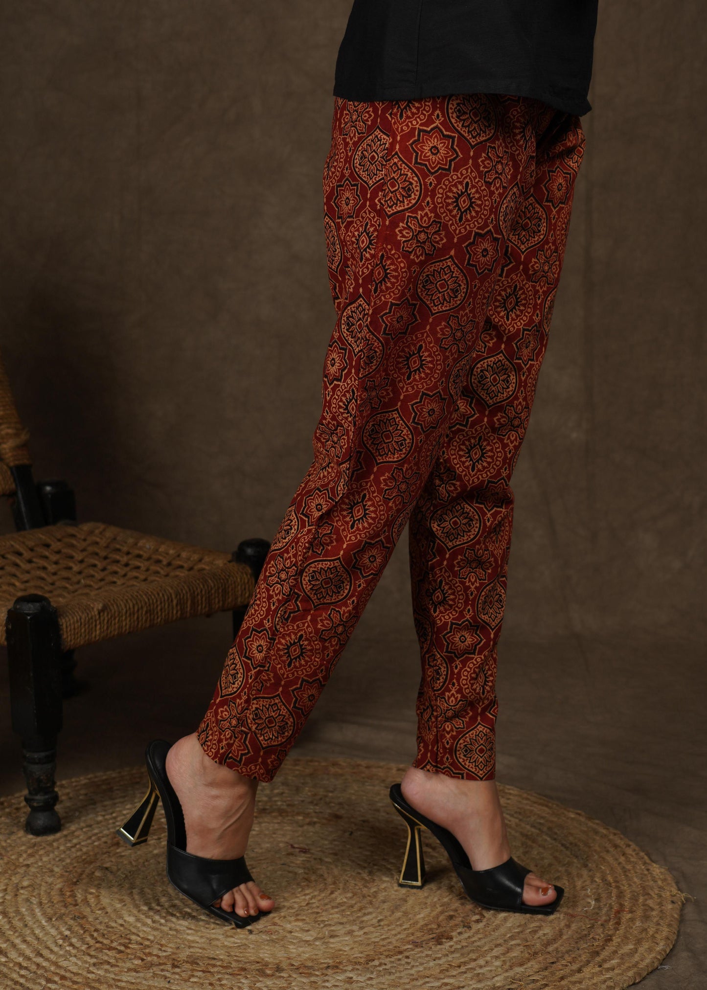 Trendy maroon casual ajrakh narrow fitted trouser