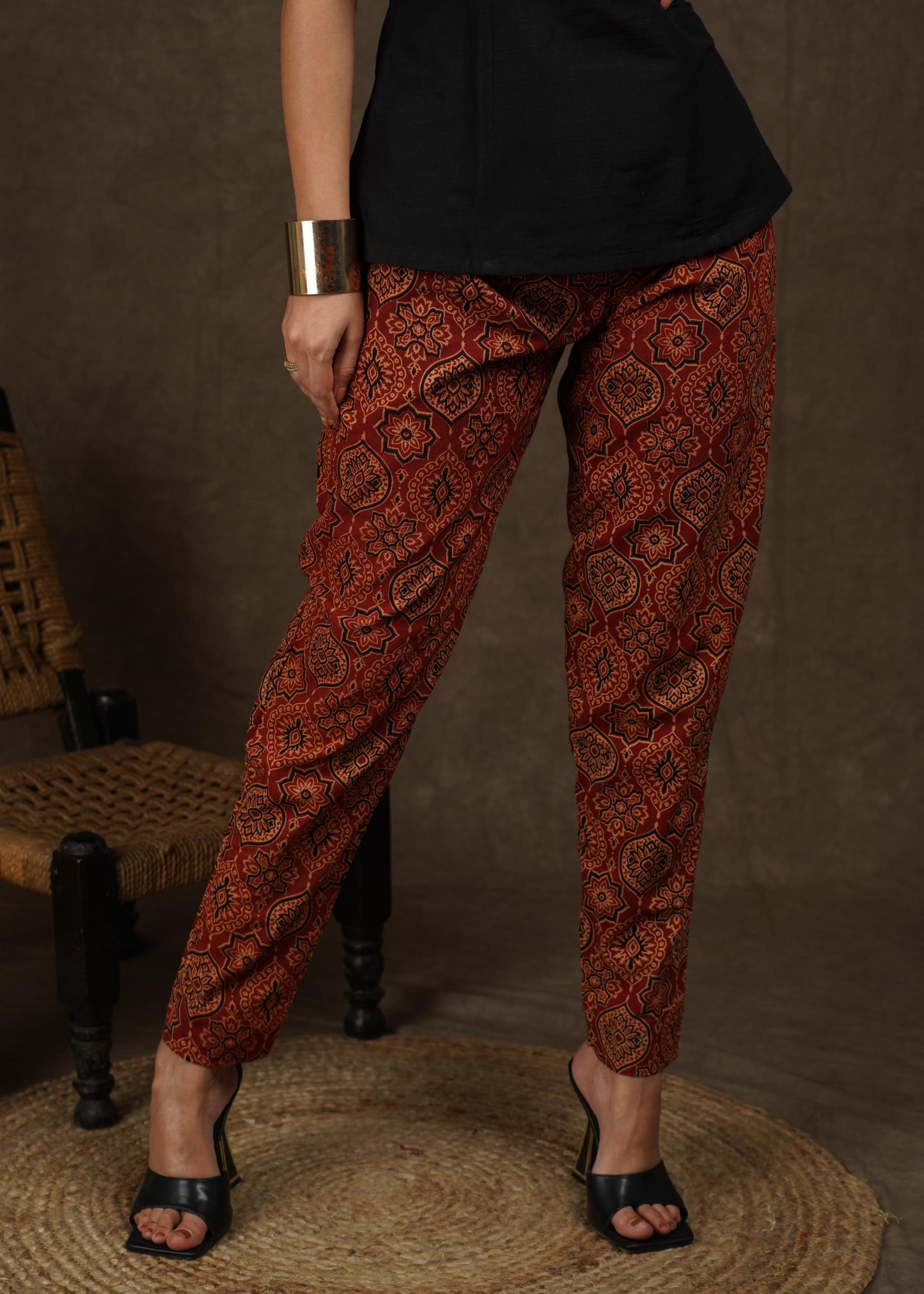 Trendy maroon casual ajrakh narrow fitted trouser