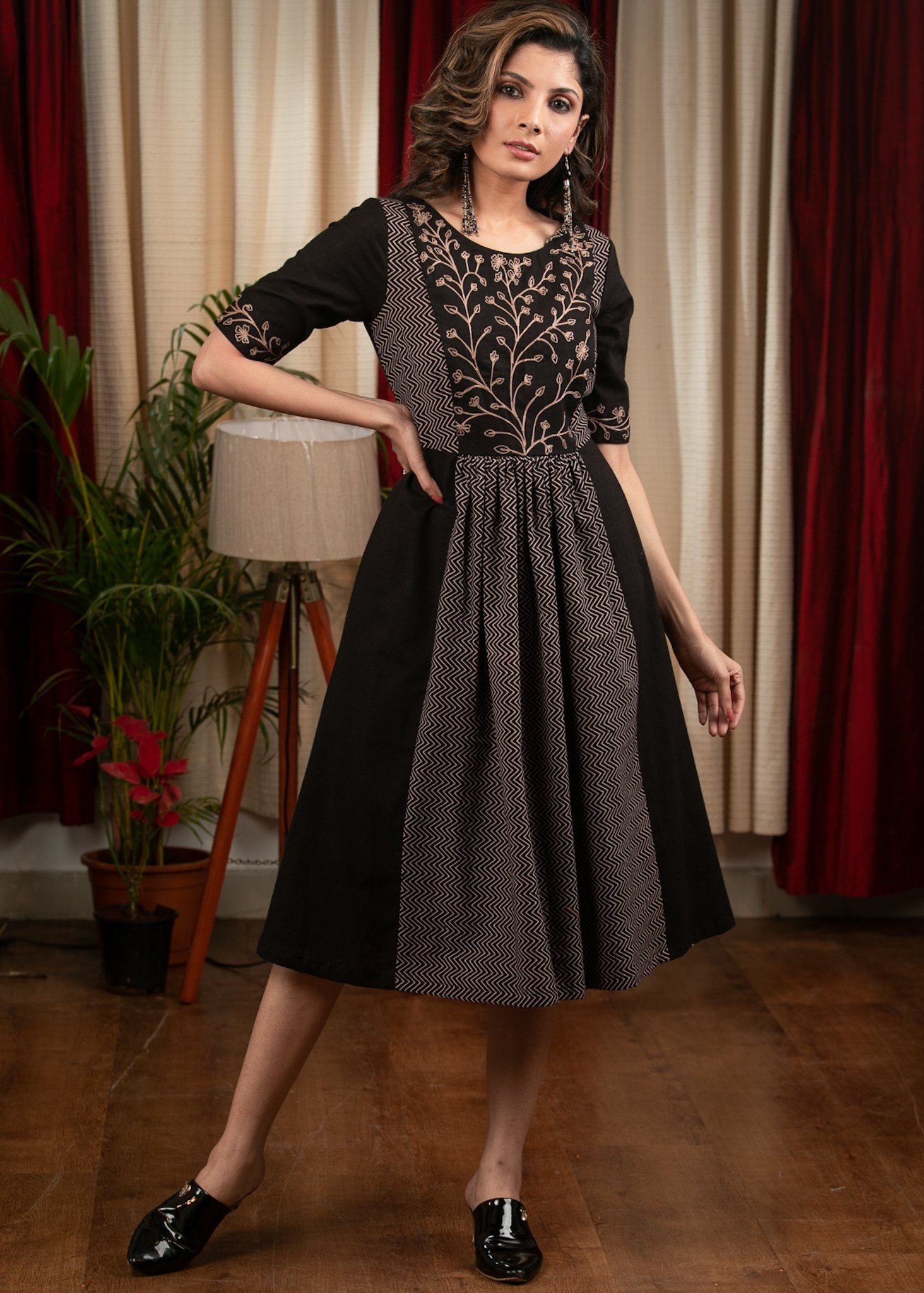 Black cotton & zigzag pattern embroidered yoke dress