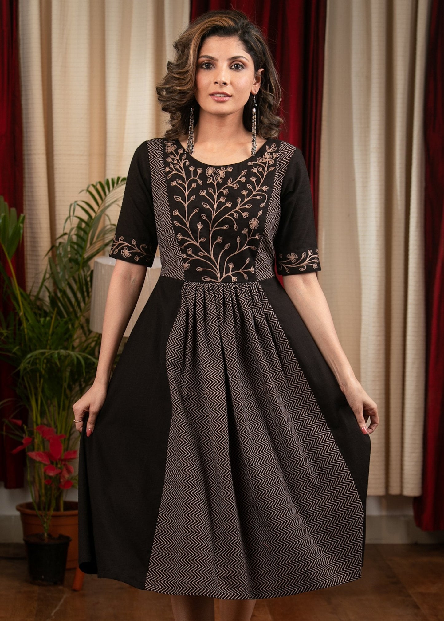 Black cotton & zigzag pattern embroidered yoke dress