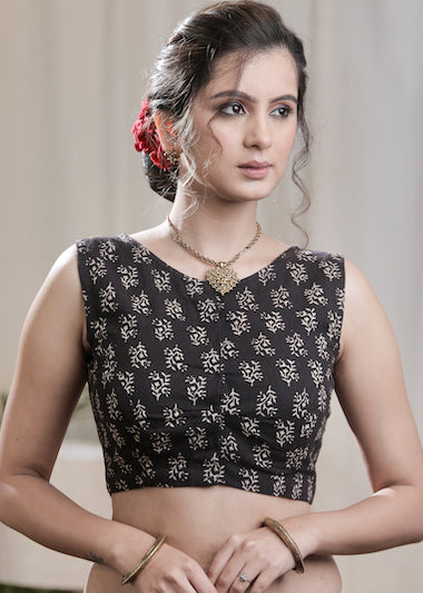 Elegant Black Ajrakh Cotton  Sleeveless Blouse