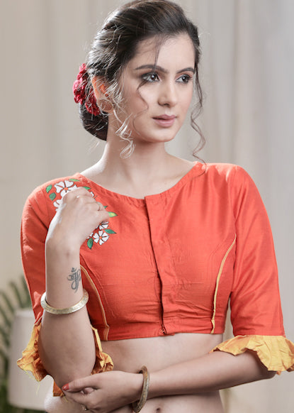 Orange Cotton Silk Blouse with  Exclusive Hand-painting and Elbow length Sleeves