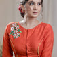 Orange Cotton Silk Blouse with  Exclusive Hand-painting and Elbow length Sleeves