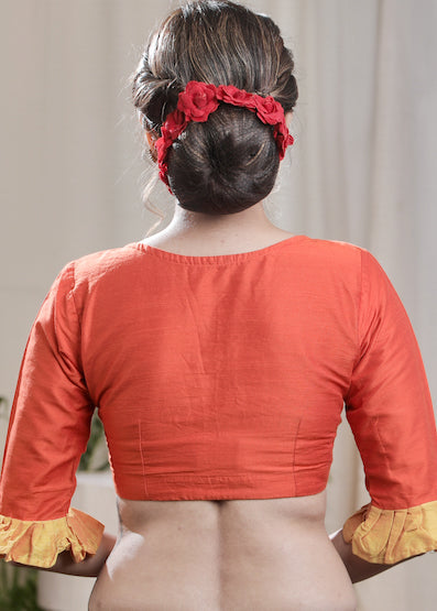 Orange Cotton Silk Blouse with  Exclusive Hand-painting and Elbow length Sleeves