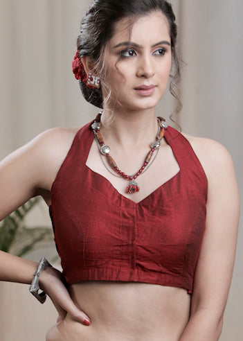 Smart Maroon Halter Neck Padded Blouse In Cotton Silk