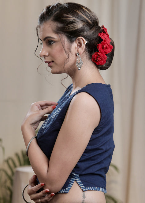 Stylish Ink Blue Handloom Cotton Blouse With Cotton Indigo Yoke