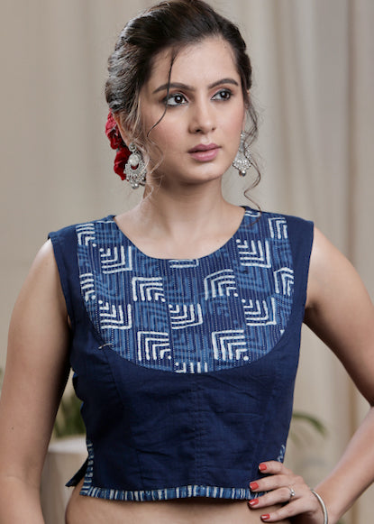 Stylish Ink Blue Handloom Cotton Blouse With Cotton Indigo Yoke