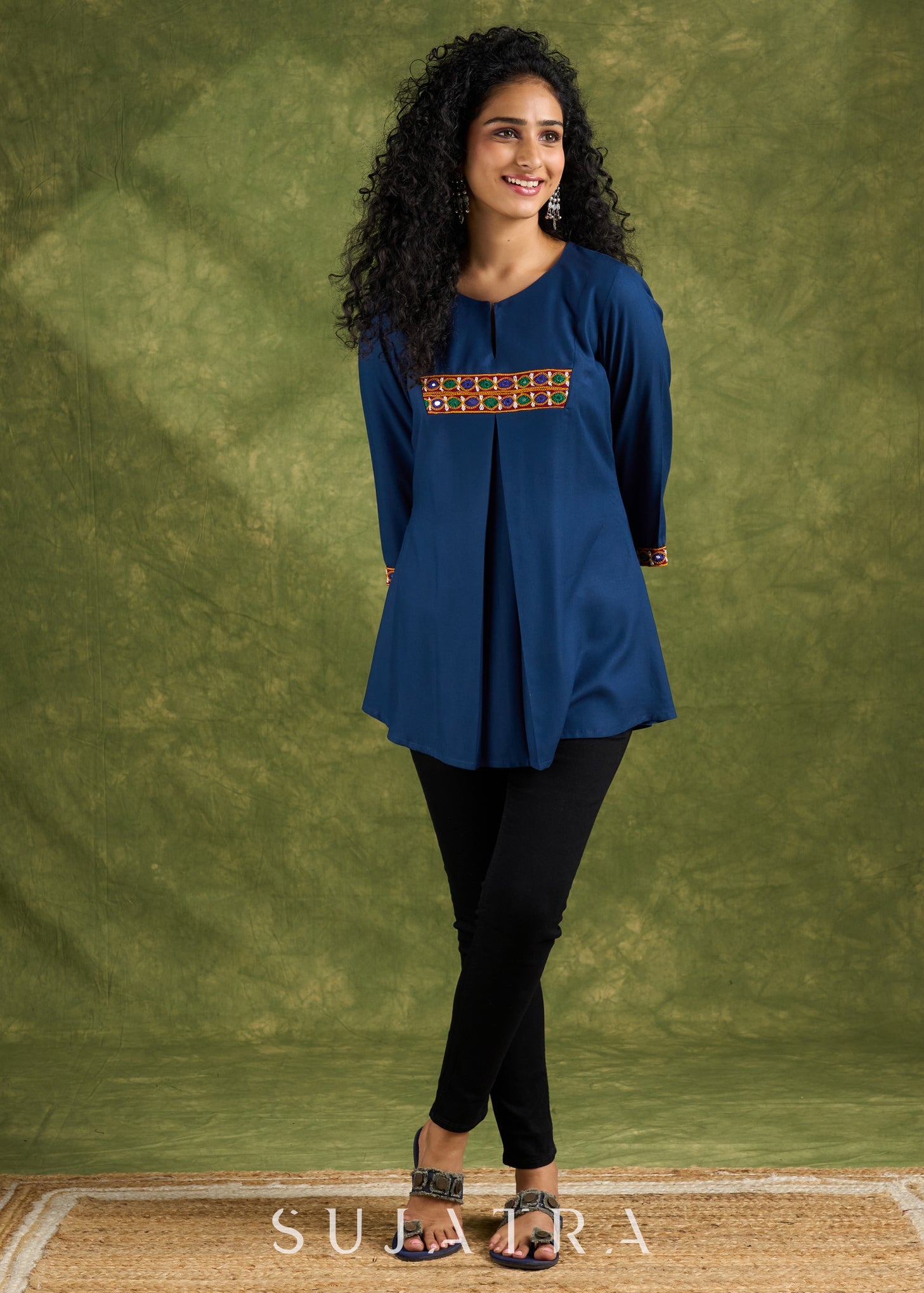 Vibrant Rayon Blue Mirror Work Pleated Top