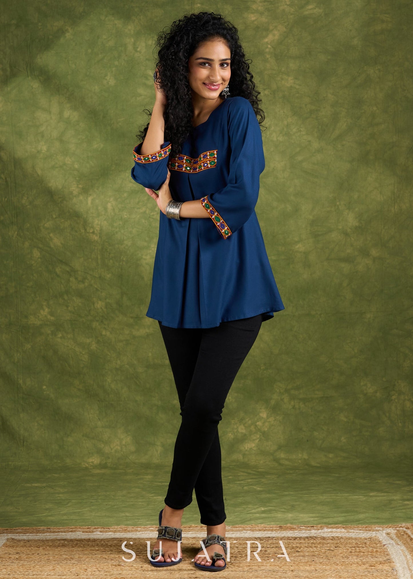 Vibrant Rayon Blue Mirror Work Pleated Top