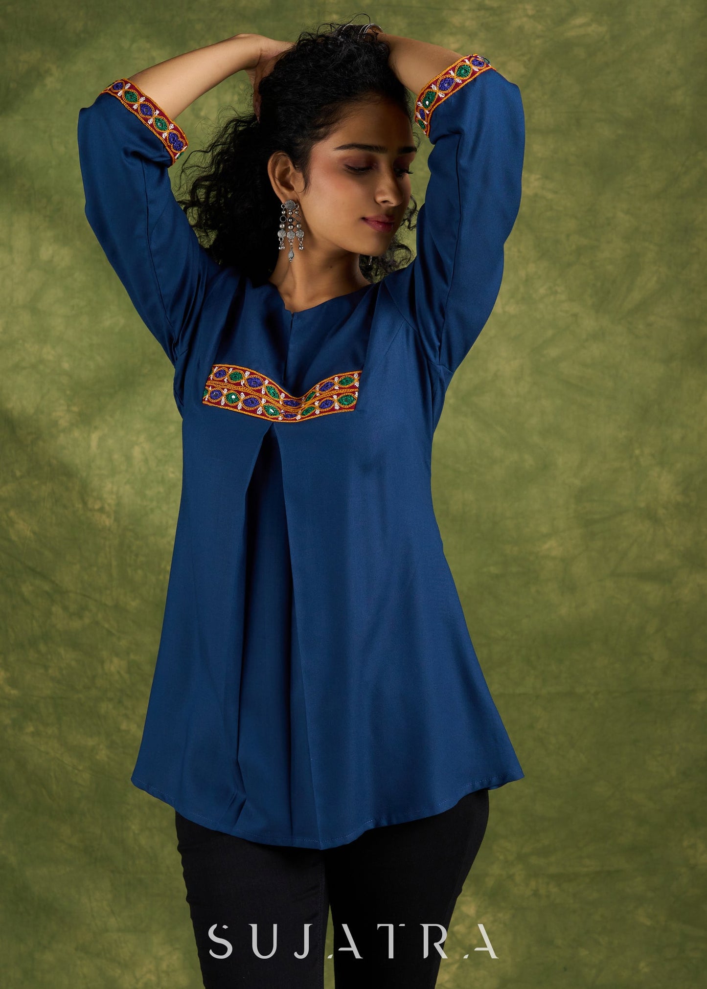 Vibrant Rayon Blue Mirror Work Pleated Top