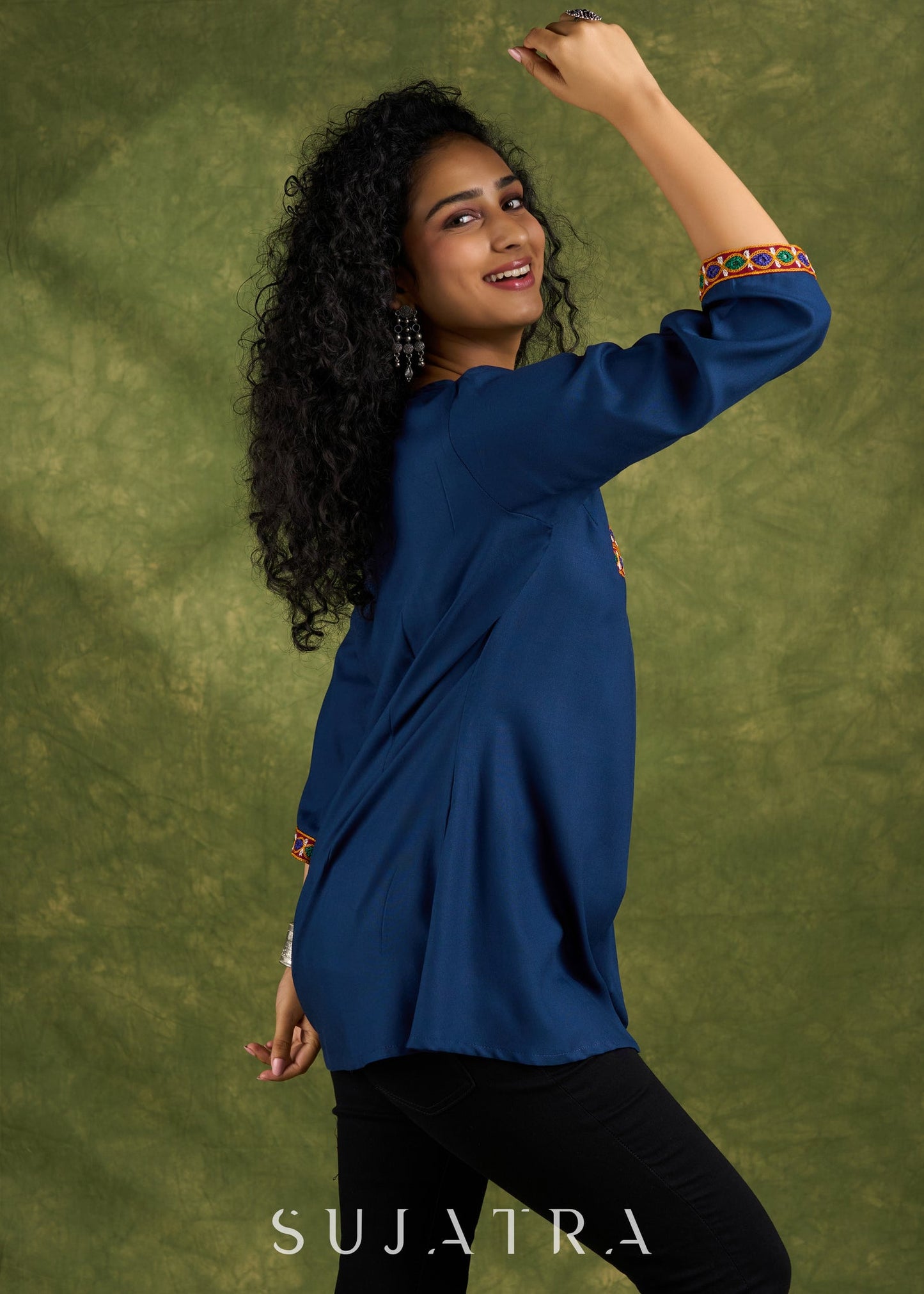 Vibrant Rayon Blue Mirror Work Pleated Top