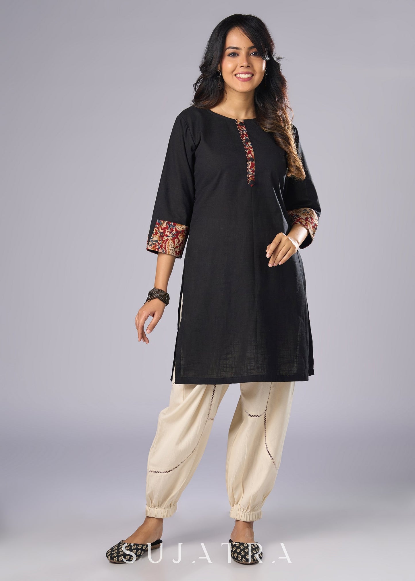 Elegant Black Cotton Tunic with Kalamkari Details Pant Additional