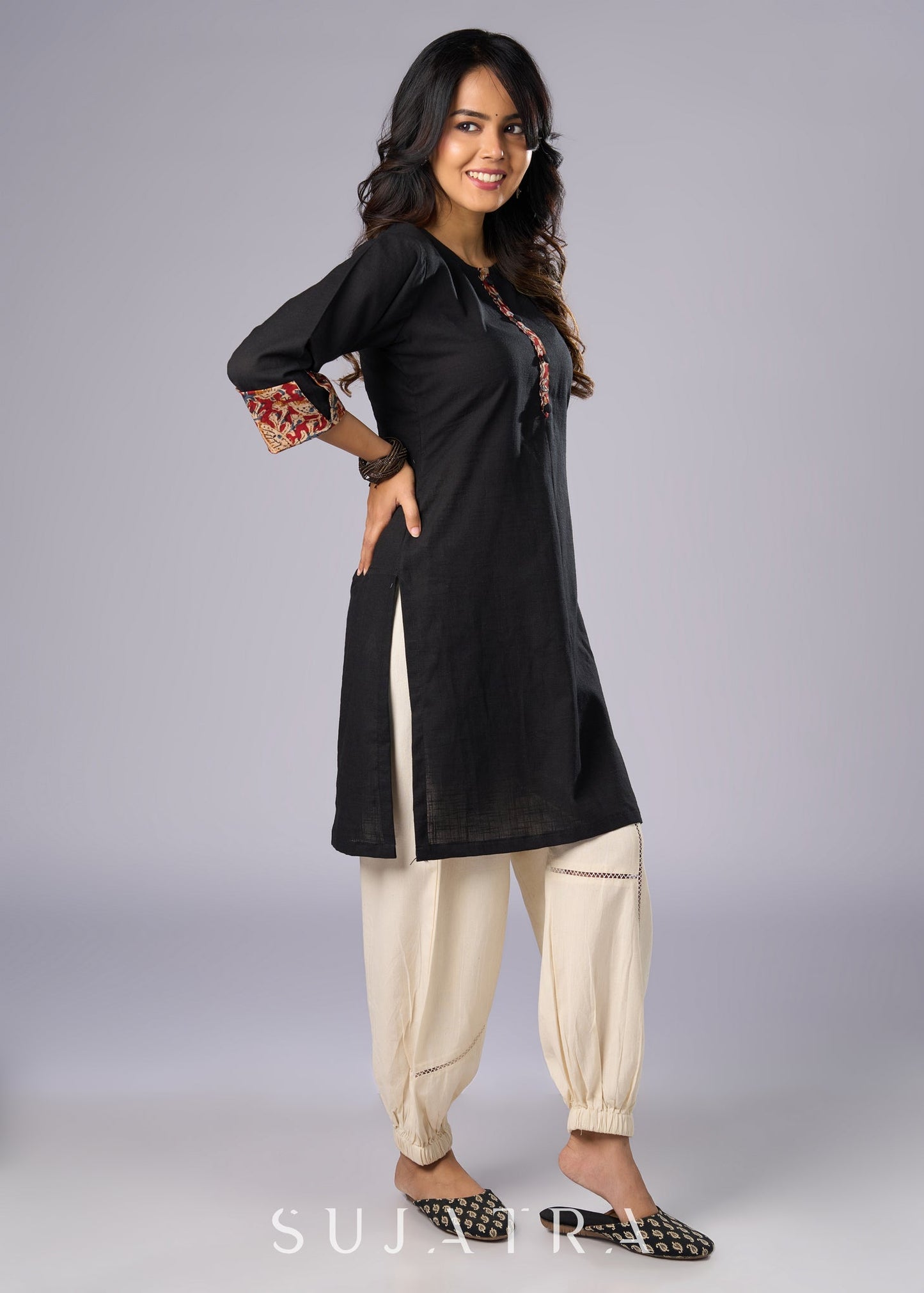 Elegant Black Cotton Tunic with Kalamkari Details Pant Additional