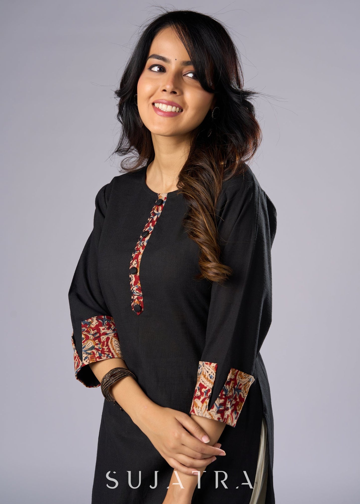 Elegant Black Cotton Tunic with Kalamkari Details Pant Additional