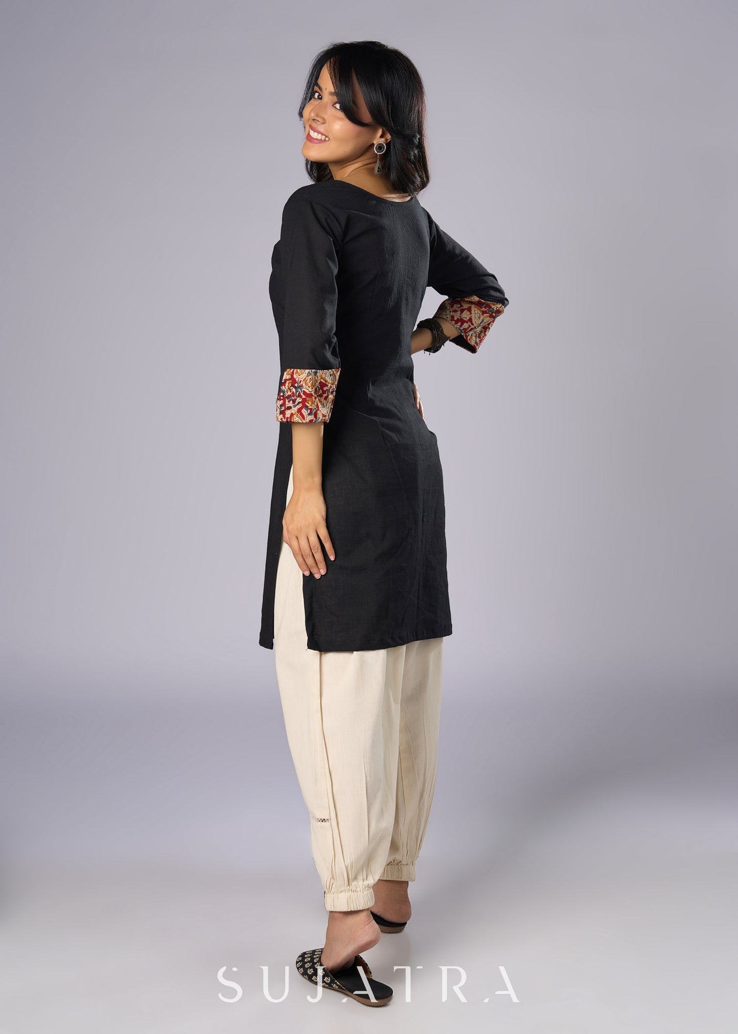 Elegant Black Cotton Tunic with Kalamkari Details Pant Additional