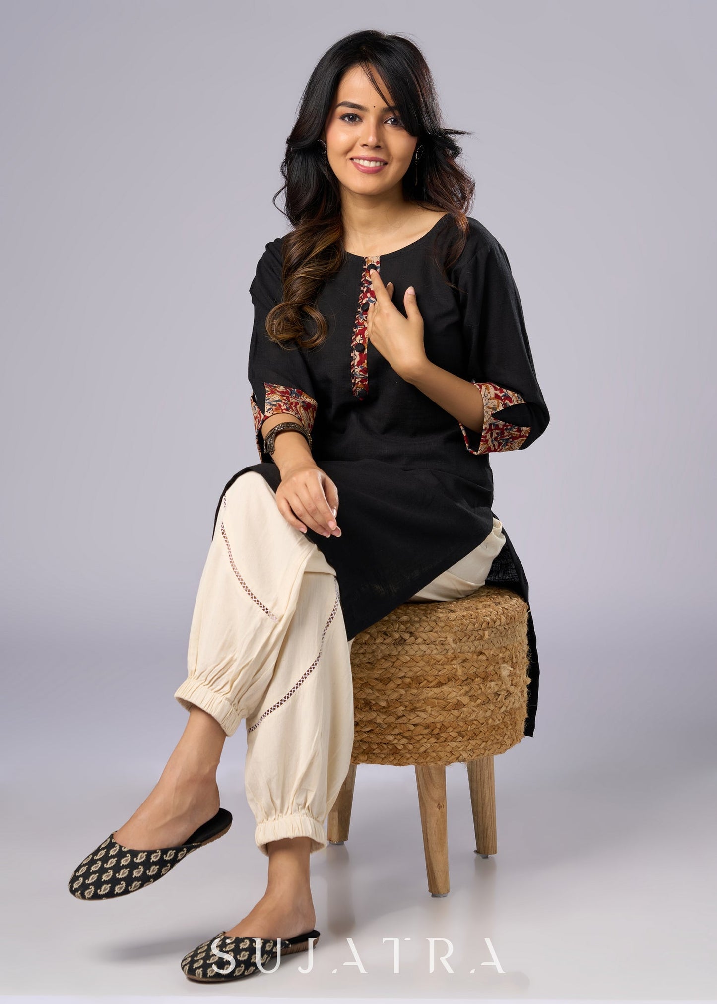 Elegant Black Cotton Tunic with Kalamkari Details Pant Additional