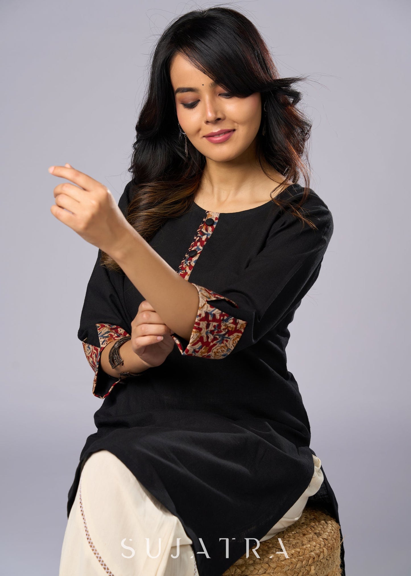 Elegant Black Cotton Tunic with Kalamkari Details Pant Additional