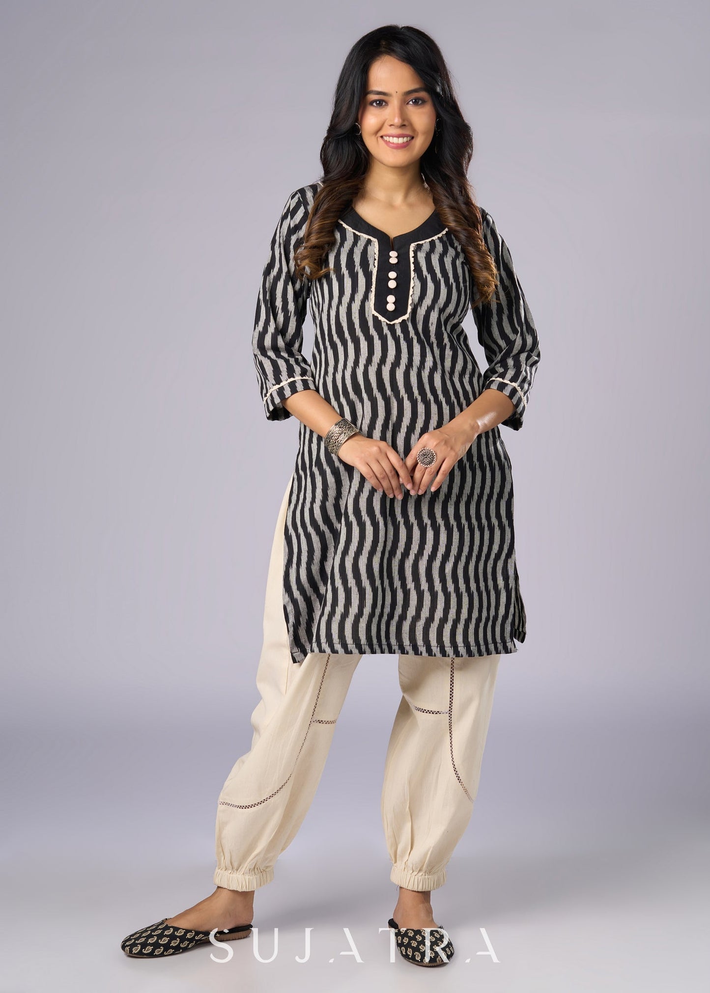 Classic Black Cotton Ikat Tunic - Pant Additional