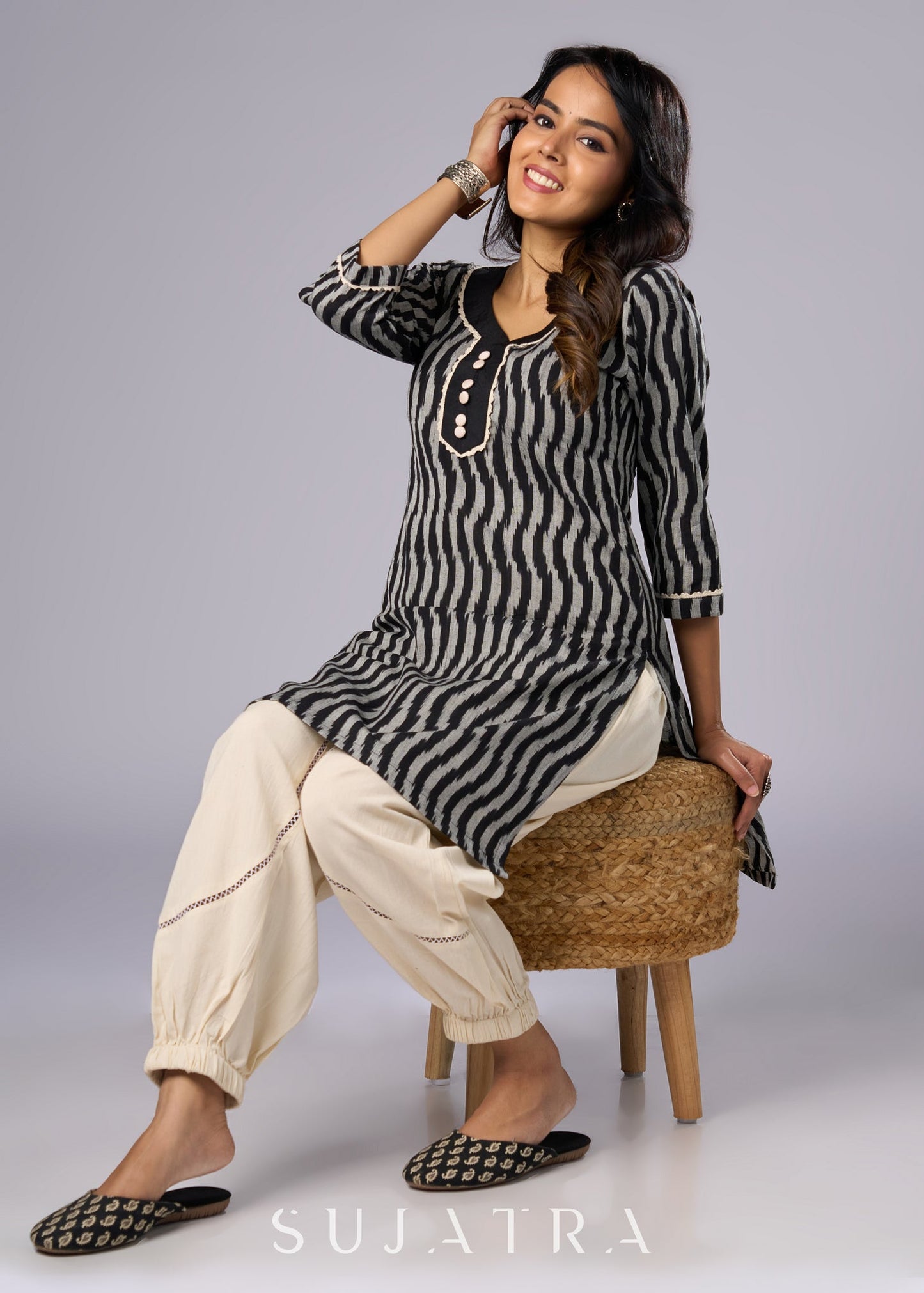 Classic Black Cotton Ikat Tunic - Pant Additional