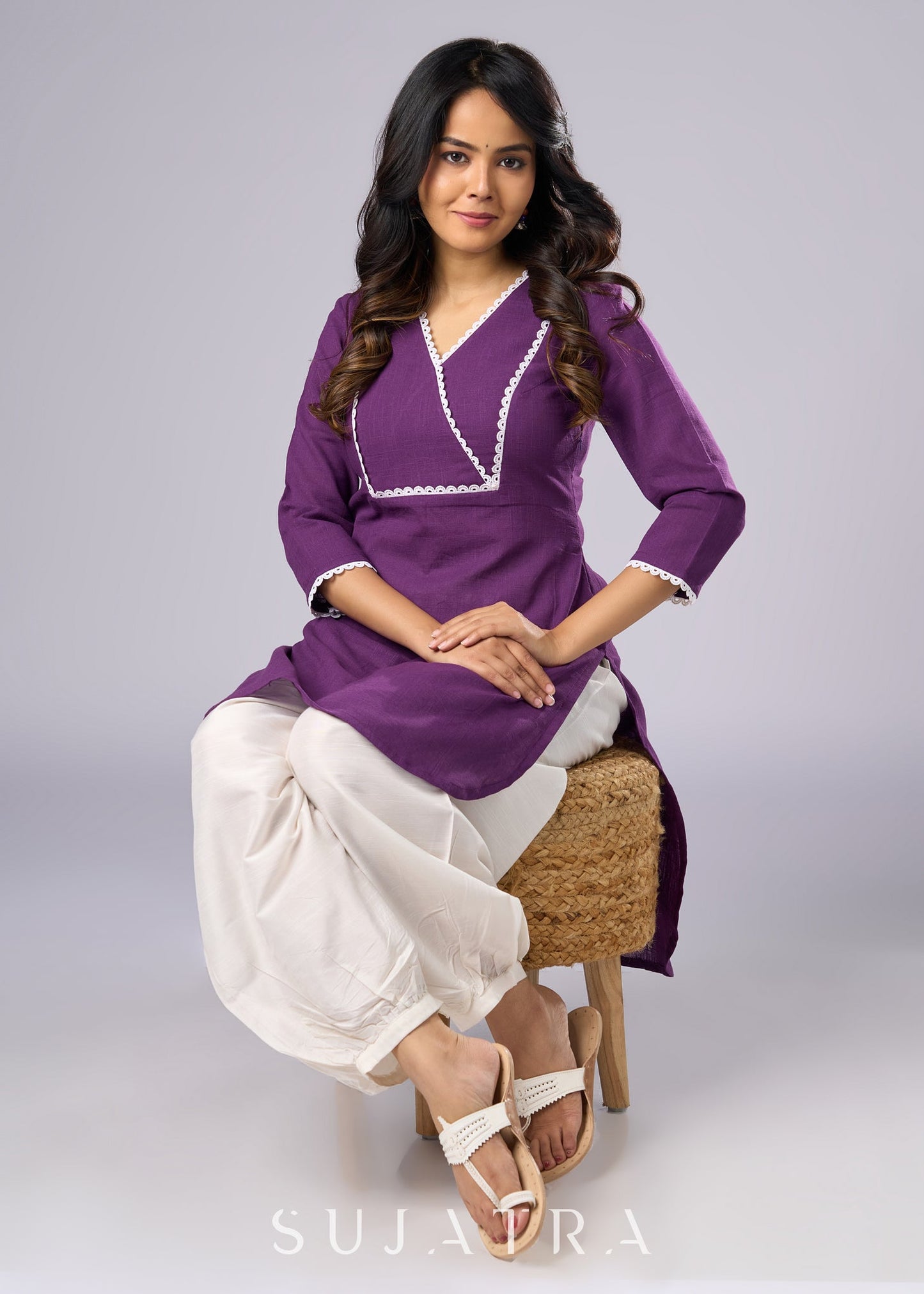 Regal Purple Cotton Tunic Highlighted with Delicate Lace Pant Additional