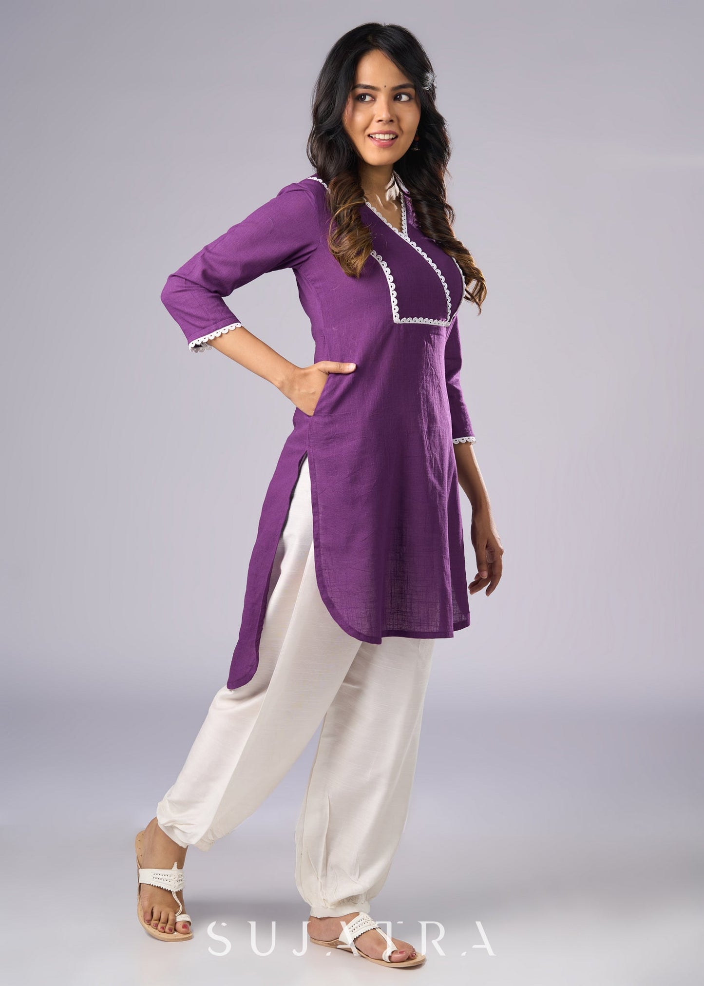 Regal Purple Cotton Tunic Highlighted with Delicate Lace Pant Additional