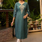 Front Embroidered Turquoise Green Kurta with Bell Sleeves - Pant Optional