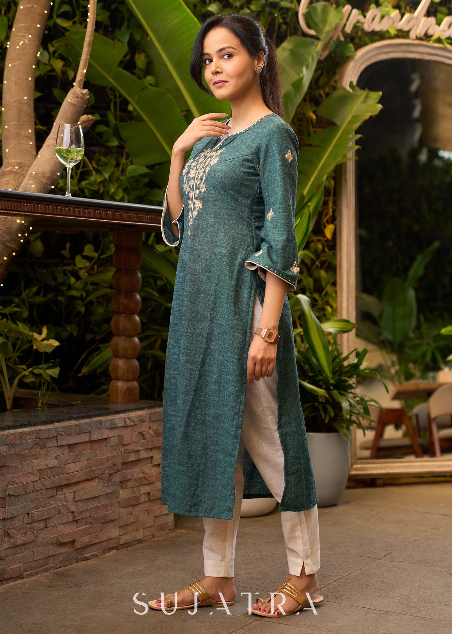 Front Embroidered Turquoise Green Kurta with Bell Sleeves - Pant Optional