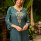 Front Embroidered Turquoise Green Kurta with Bell Sleeves - Pant Optional