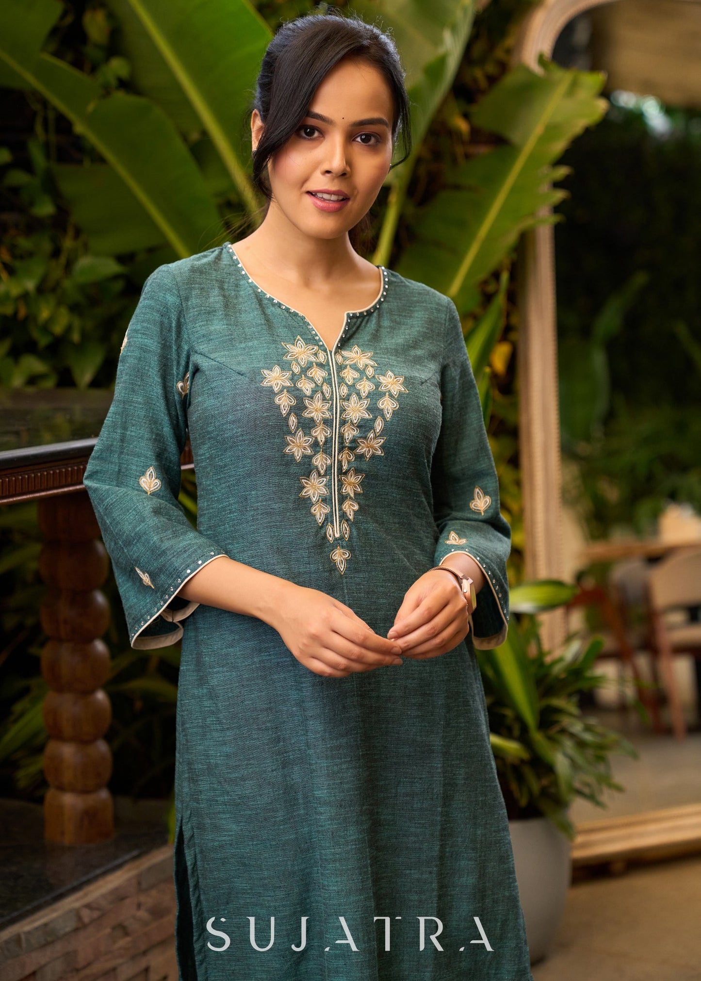 Front Embroidered Turquoise Green Kurta with Bell Sleeves - Pant Optional