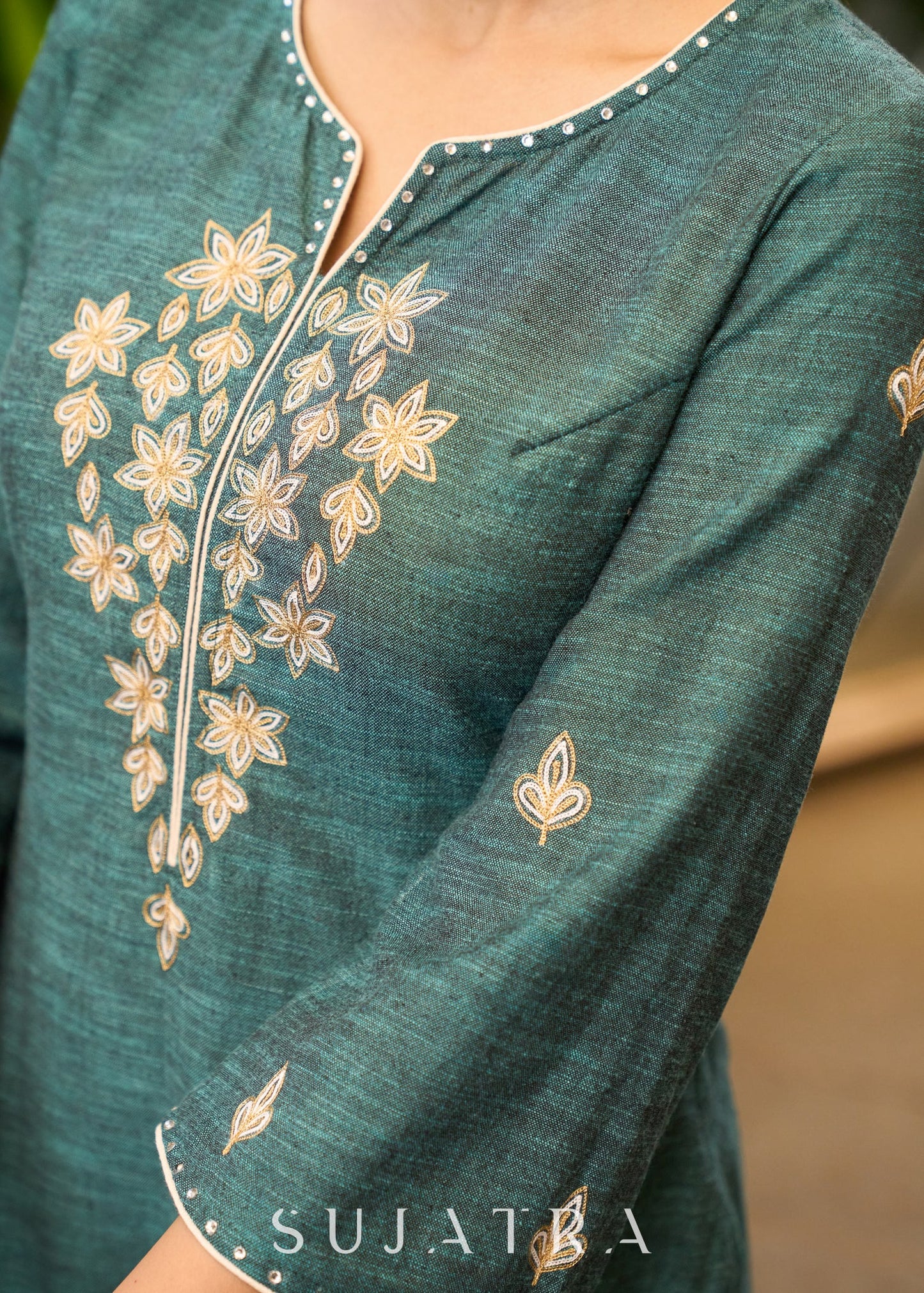 Front Embroidered Turquoise Green Kurta with Bell Sleeves - Pant Optional