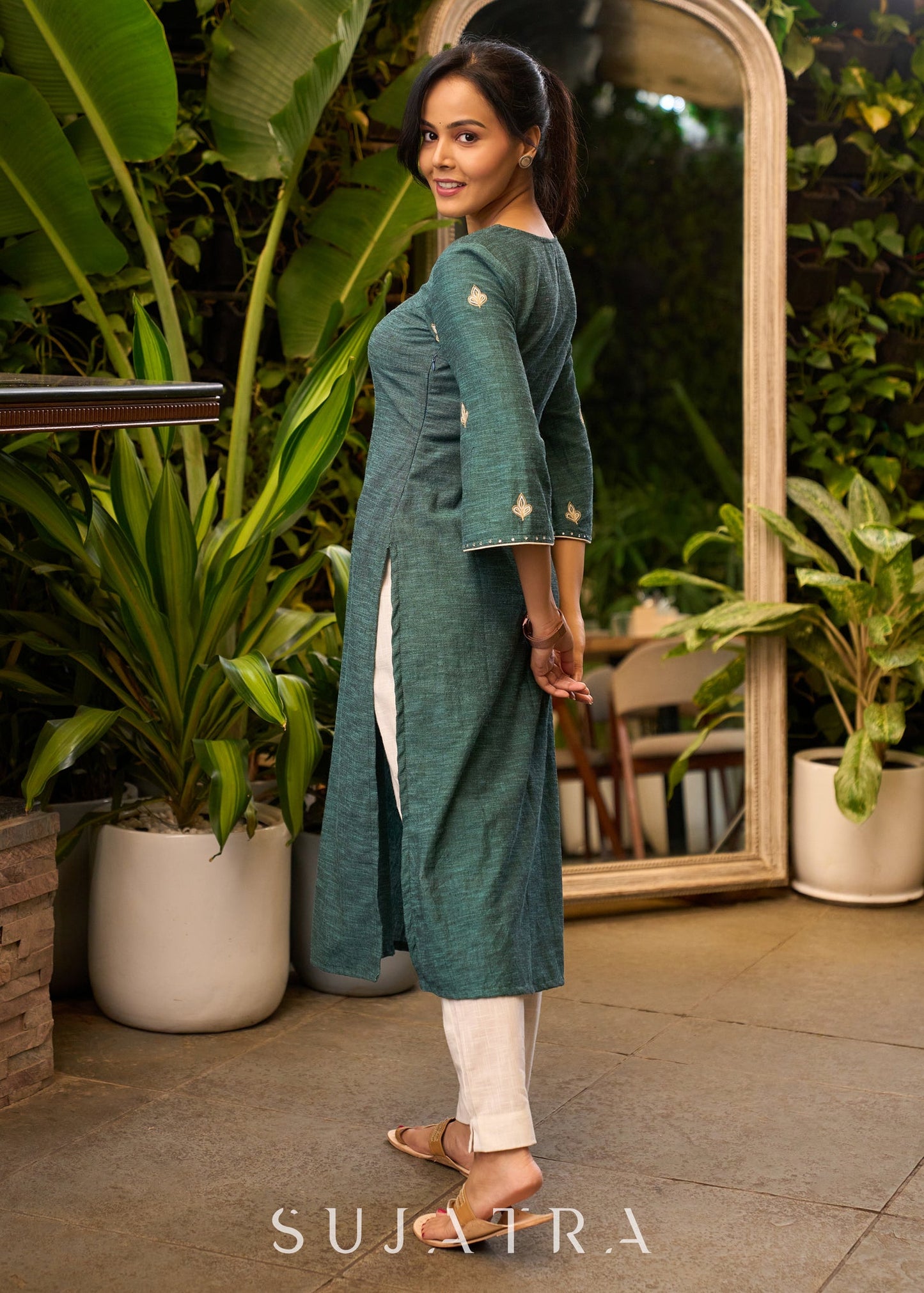 Front Embroidered Turquoise Green Kurta with Bell Sleeves - Pant Optional