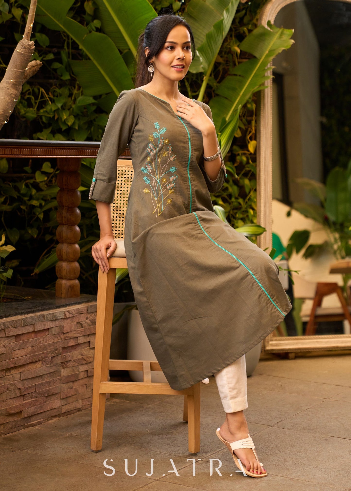 Smart Grey Cotton Kurta with One Side Floral Embroidery - Pant Optional