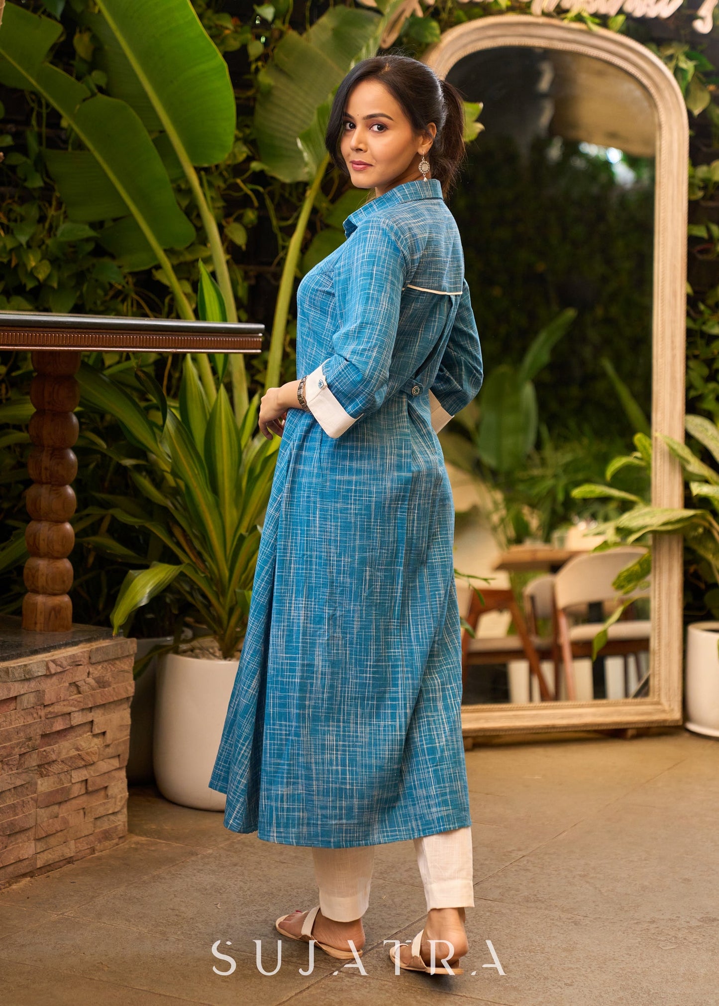 Checkered Blue Cotton Kurta with White Detailing & Stylish Buttons - Pant Optional