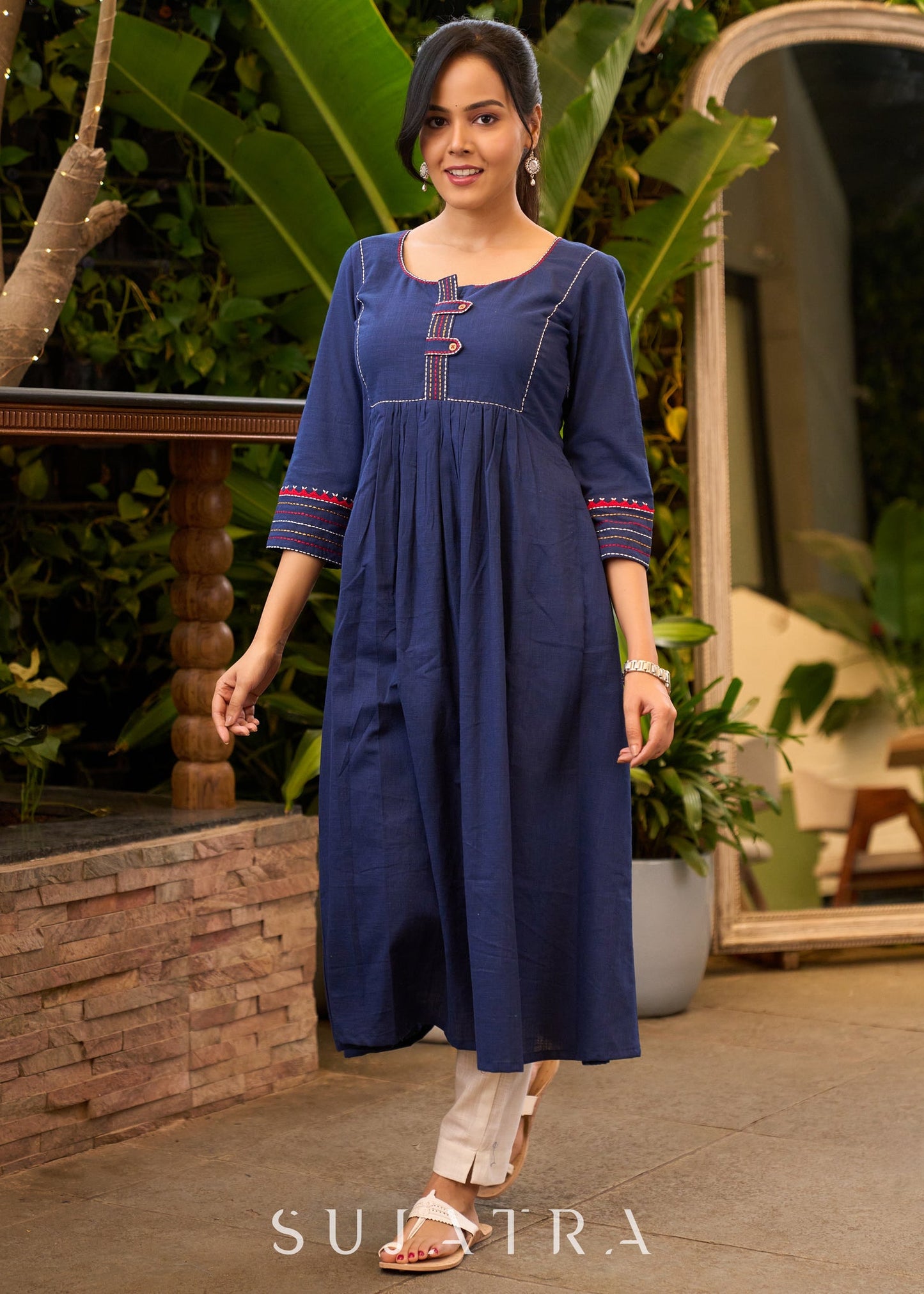 Trendy Navy-Blue Cotton Kurta with Embroidery in Front & Back - Pant Optional