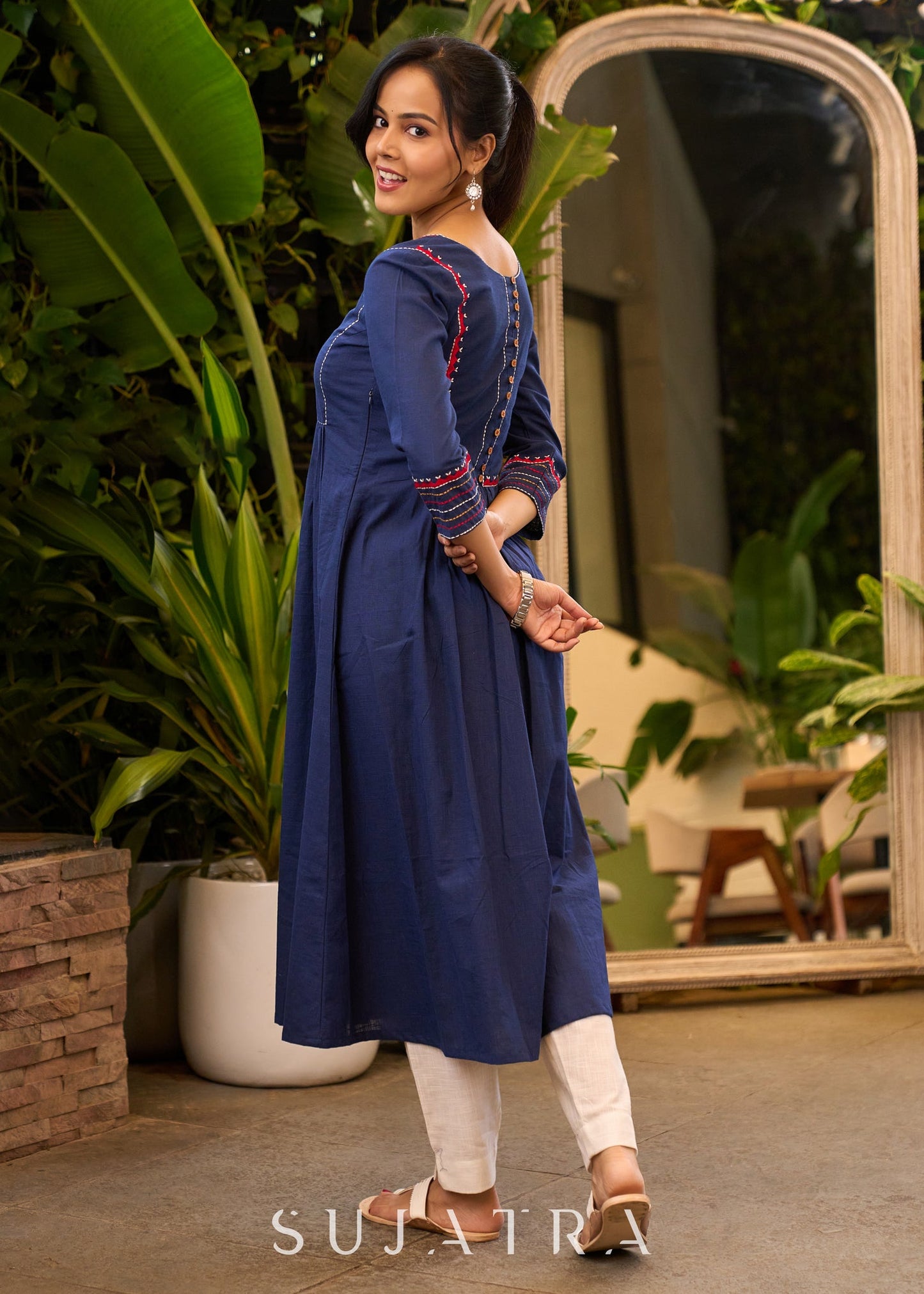 Trendy Navy-Blue Cotton Kurta with Embroidery in Front & Back - Pant Optional