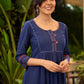 Trendy Navy-Blue Cotton Kurta with Embroidery in Front & Back - Pant Optional