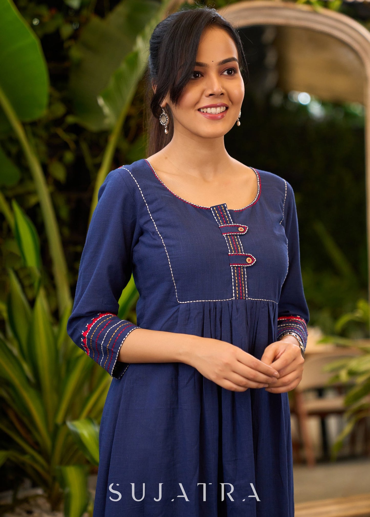 Trendy Navy-Blue Cotton Kurta with Embroidery in Front & Back - Pant Optional