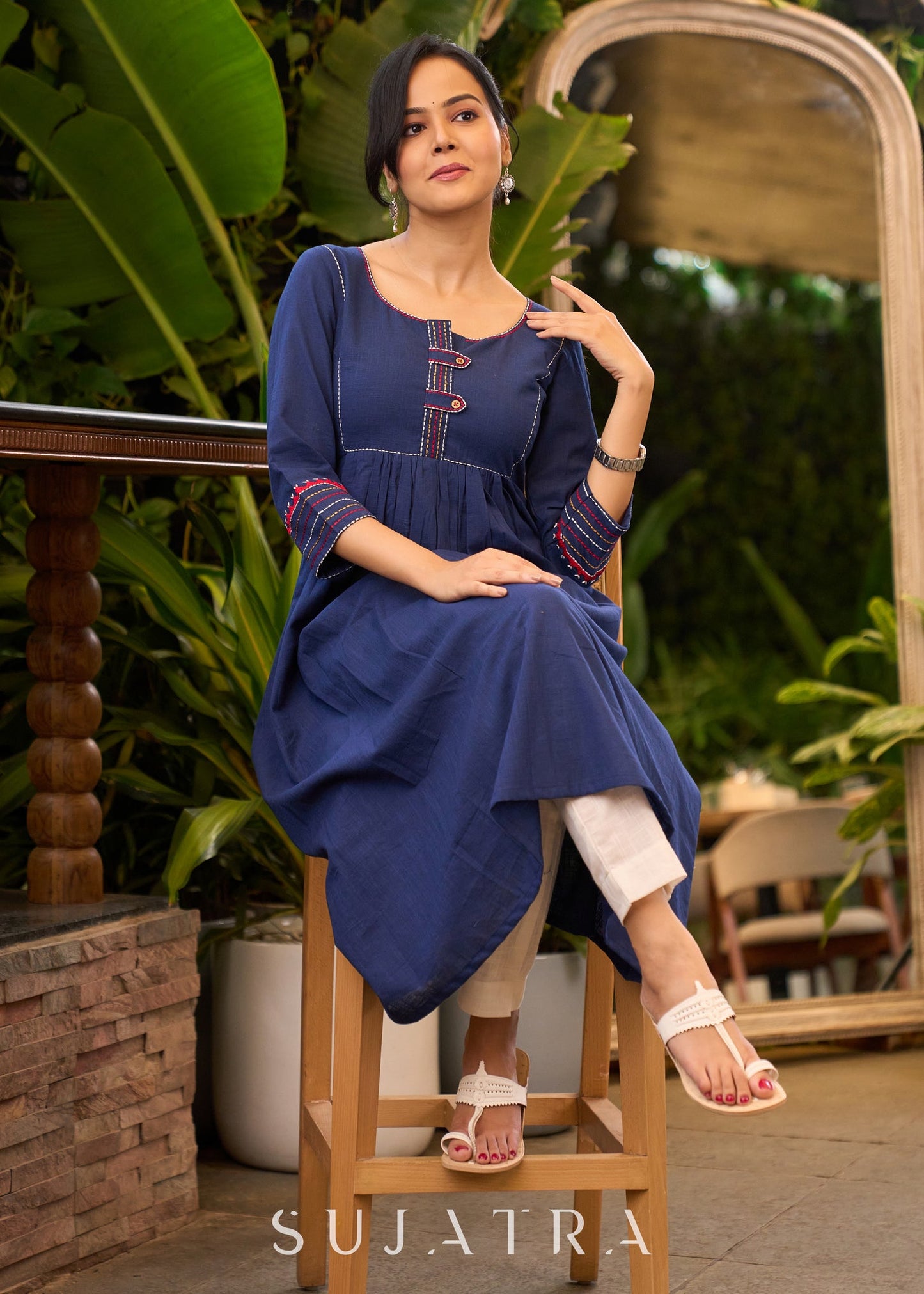 Trendy Navy-Blue Cotton Kurta with Embroidery in Front & Back - Pant Optional