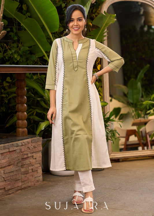 Unique Princess Cut Kurta in Combination of Pista Green & White with Black Embroidery All Over - Pant Optional