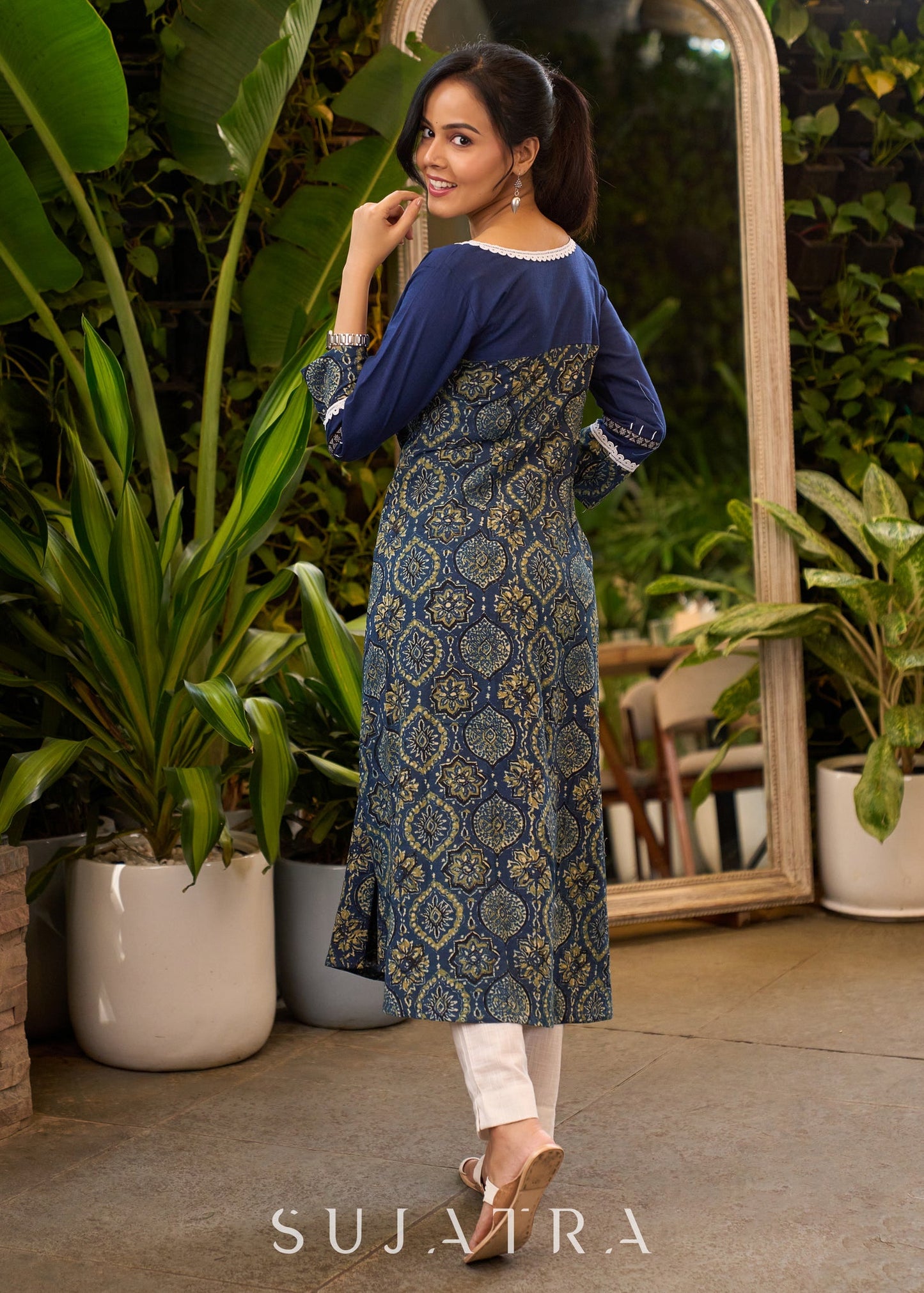 Evergreen Navy Blue Ajrakh Cotton Kurta with Laces on Sleeves & Neckline - Pant Optional