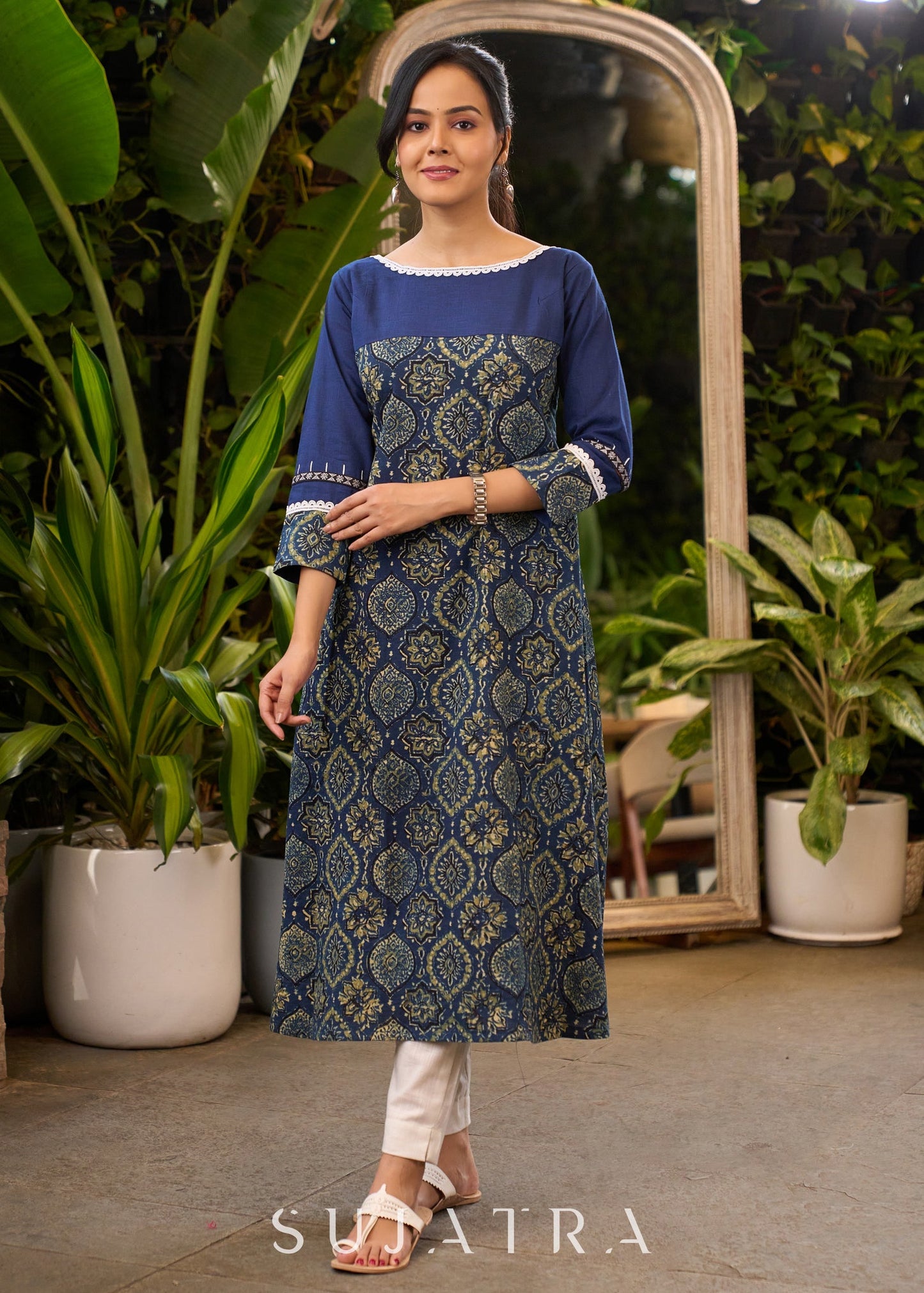 Evergreen Navy Blue Ajrakh Cotton Kurta with Laces on Sleeves & Neckline - Pant Optional