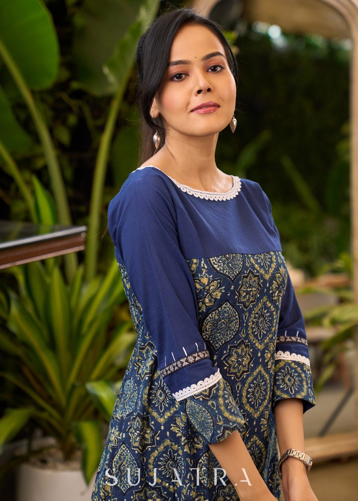 Evergreen Navy Blue Ajrakh Cotton Kurta with Laces on Sleeves & Neckline - Pant Optional