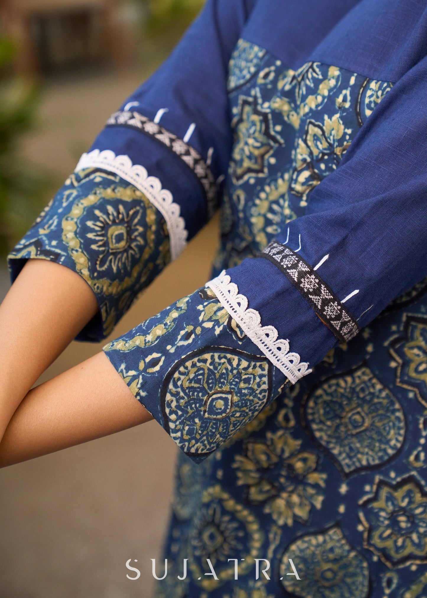 Evergreen Navy Blue Ajrakh Cotton Kurta with Laces on Sleeves & Neckline - Pant Optional