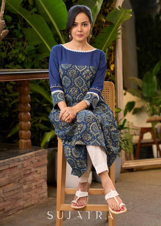 Evergreen Navy Blue Ajrakh Cotton Kurta with Laces on Sleeves & Neckline - Pant Optional