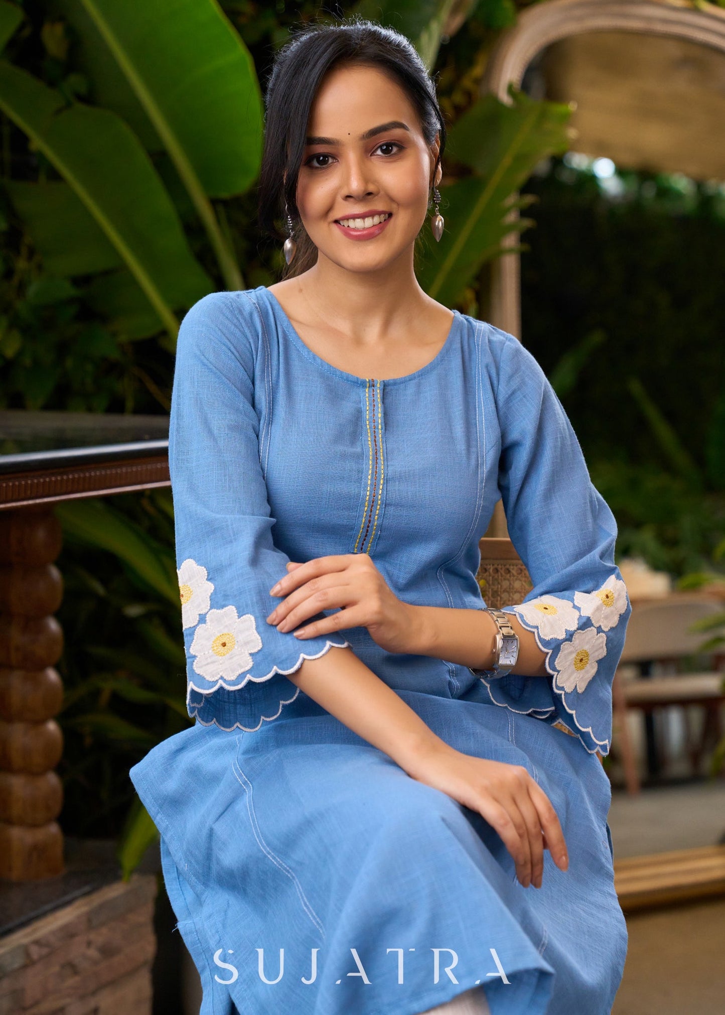 Elegant Powder Blue Kurta with Floral Patchwork Motifs on Sleeves - Pant Optional