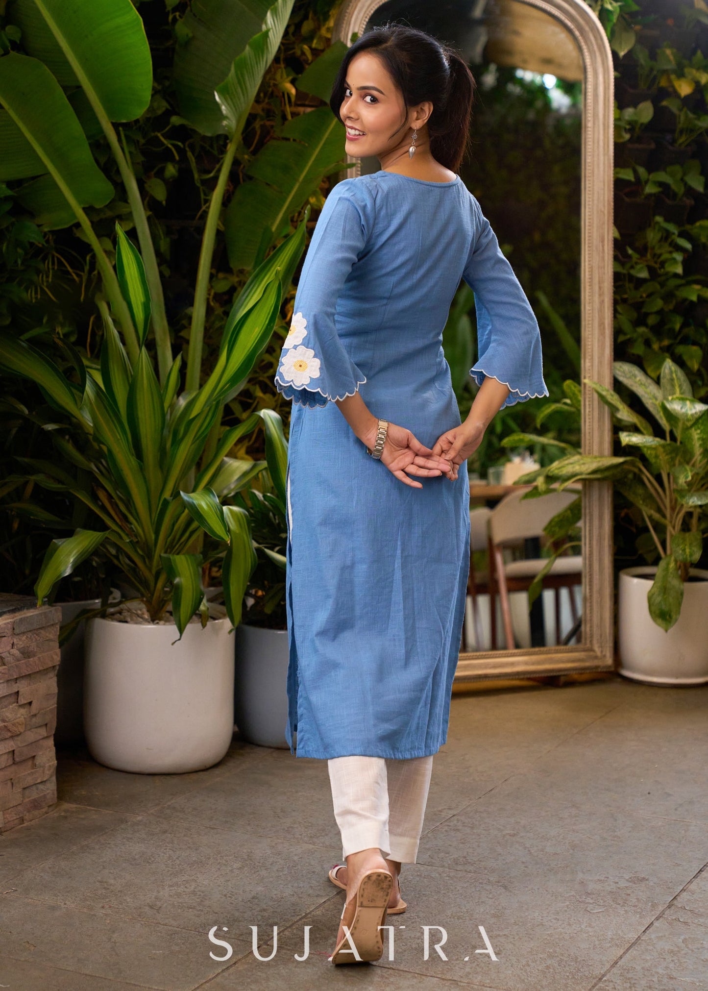 Elegant Powder Blue Kurta with Floral Patchwork Motifs on Sleeves - Pant Optional