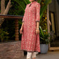 Evergreen Floral Cotton A Line Kurta with Contrast Ajrakh Detailing - Pant Optional